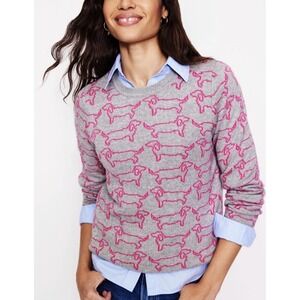 Boden Gray Pink Dachshund Dog Jacquard Wool Blend Jumper Sweater Women L Preppy